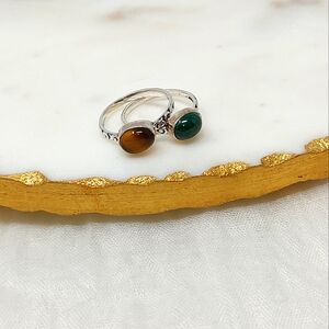 Set Of 2 Size 12 Silver Rings- Green Stone And Brown Stone Ring Set